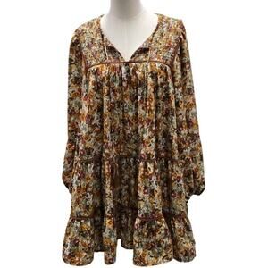 Kourt Kady Dress Sz L Ditsy Floral Smocked Tiered Babydoll Boho Puff Sleeve